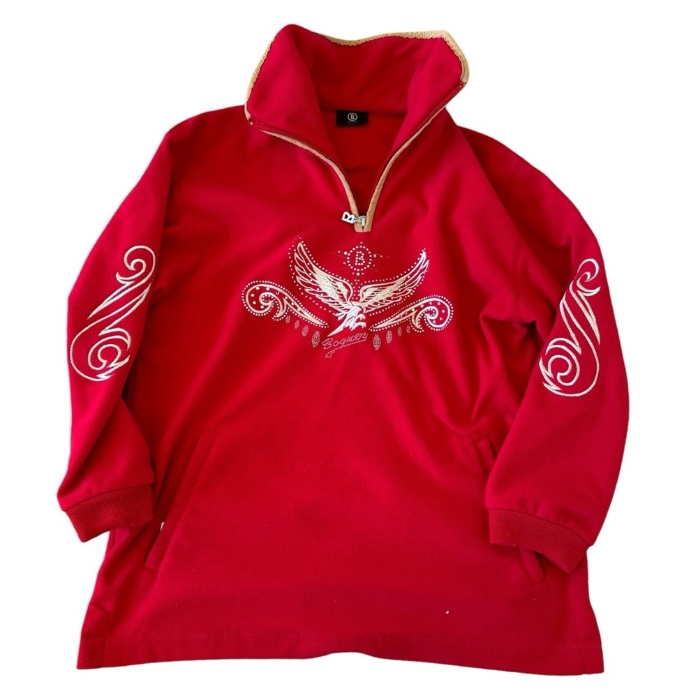 Bogner Red Fleece Quarter Zip Embroidered Rhinestone Pullover